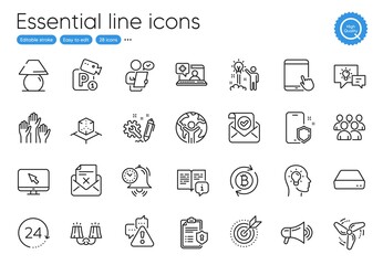 Parking security, 24 hours and Medical help line icons. Collection of Engineering, Confirmed mail, Tablet pc icons. Manual, Idea head, Augmented reality web elements. Phone protect. Vector