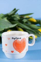 Flowers and coffee. Romance on Valentine's Day