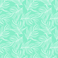 Fototapeta na wymiar Seamless background with exotic leaves doodles on mint green background. Luxury pattern for creating textiles, wallpaper, paper, scrapbook. Vintage. Romantic floral Illustration