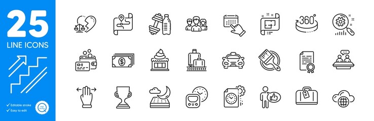 Outline icons set. Night mattress, Card and Ice cream icons. Hand baggage, Teamwork, Metro web elements. Map, Event click, Multitasking gesture signs. 360 degrees, Baggage reclaim. Vector