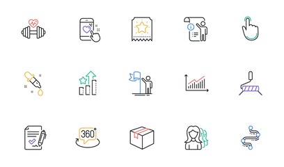 Chemistry pipette, Leadership and Heart rating line icons for website, printing. Collection of Hand click, Women headhunting, Parcel icons. Graph, Dumbbell, Timeline web elements. Vector