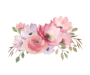 Fototapeta premium Watercolor floral composition. Hand drawn isolated flowers on white background. Painted bouquet