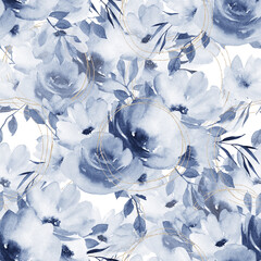 Aquarel naadloze patroon. Abstracte print met blauwe bloemen, bladeren. Handgetekende illustratie