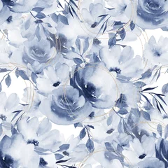Foto op Plexiglas Blauw wit Aquarel naadloze patroon. Abstracte print met blauwe bloemen, bladeren. Handgetekende illustratie