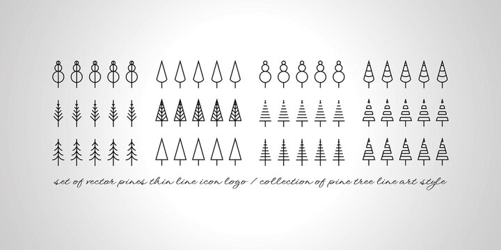 Set of vector pines thin line icon logo symbol illustration design, collection of pine tree line art style