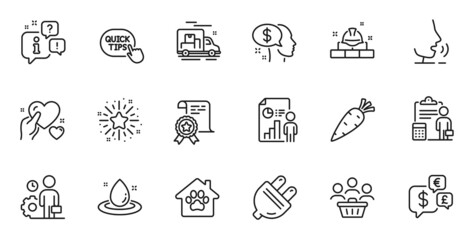 Outline set of Hold heart, Carrot and Pay line icons for web application. Talk, information, delivery truck outline icon. Include Quick tips, Accounting, Buyers icons. Vector