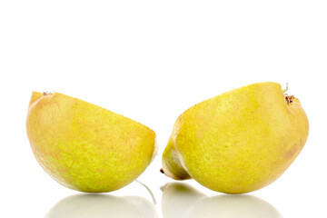 Two halves of organic sweet pear , macro, isolated on white.