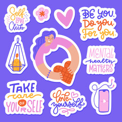 Self care icons and stickers collection. Love, self care, relax, slow life concept. Cute girl holding heart. Heart, music, candle and lettering elements. Set of flat cartoon vector illustrations
