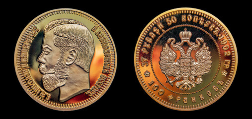 The rare gold coin with double denomination for Russian and French currency on the dark background. Translation: 37 roubles 50 kopeks 1902, 100 franks * Nicolas II Emperor - obrazy, fototapety, plakaty