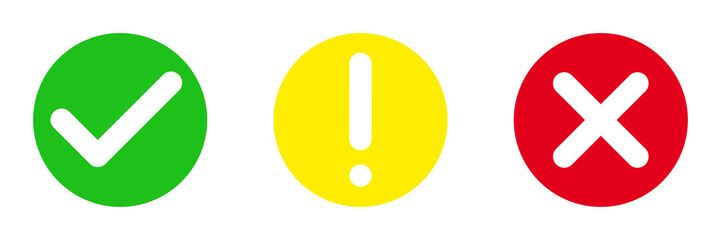 Green, yellow and red icon with hook, exclamation mark and cross, three symbols for passed, attention and rejected, isolated on white background