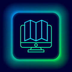 Glowing neon line Location of the forest on a map in monitor icon isolated on black background. Colorful outline concept. Vector