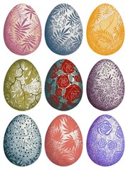 Fototapeta premium Set of Easter eggs color icons with decoration patterns on White background.