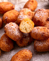Homemade cottage cheese donuts with powdered sugar