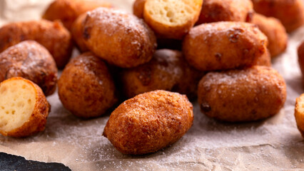 Homemade cottage cheese donuts with powdered sugar