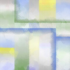 An abstract illustration featuring colorful pastel overlapping squares and rectangles