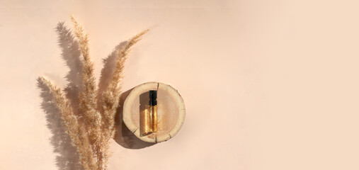 Banner of Perfume sample with yellow liquid on wooden tray lying on beige background with pampas grass. Luxury and natural cosmetics presentation. Tester on woodcut in the sunlight. Shades and lights