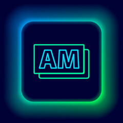 Glowing neon line Clock AM icon isolated on black background. Time symbol. Colorful outline concept. Vector