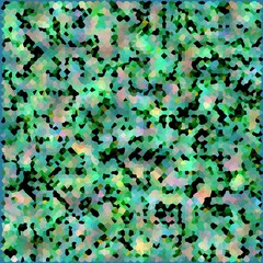 An abstract illustration featuring a mosaic of green, black and pastel colors