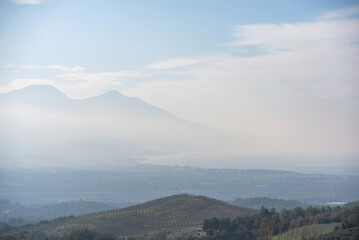 Kusadasi (Kushadasi) mountains area of Turkey, aerial foggy morning view