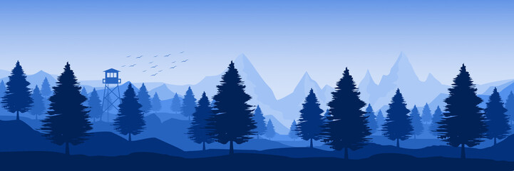 Fototapeta premium mountain landscape with pine tree forest silhouette flat design vector illustration for background, banner, backdrop, tourism design, apps background and wallpaper