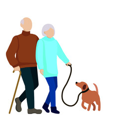 Elderly couple walking their dog, flat vector, isolate on white background, faceless people