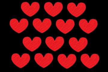 fourteen red hearts with cracks on black background