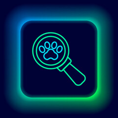 Glowing neon line Veterinary clinic symbol icon isolated on black background. Cross hospital sign. Stylized paw print dog or cat. Pet First Aid sign. Colorful outline concept. Vector