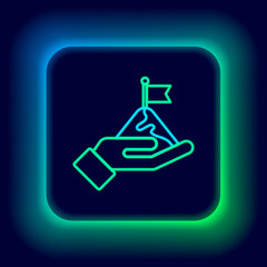 Glowing neon line Mountains with flag on top icon isolated on black background. Symbol of victory or success concept. Goal achievement. Colorful outline concept. Vector