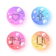 Parking app, Heart and Washing hands minimal line icons. 3d spheres or balls buttons. Buyer icons. For web, application, printing. Smartphone parking, Love, Hygiene care. Shopping customer. Vector