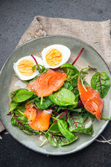 salad salted salmon, eggs, green leaves lettuce fresh portion healthy meal food diet snack on the table copy space food background rustic keto or paleo diet veggie vegetarian pescatarian diet