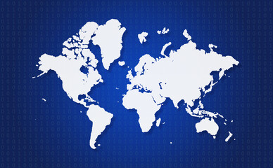 White World map on blue binary code background
