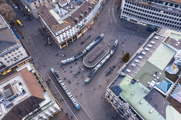 Aerial view of the famous Paradeplatz, the main square, in Zurich financial dsitrict with many...