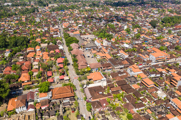 Aerial view of the Ubud historical center with temples and Ubud Palace in the heart of cultural center in Bali, Indonesia