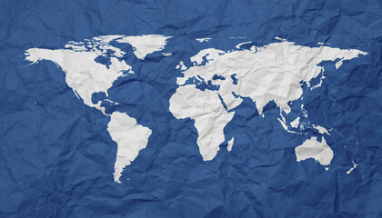 White World Map on blue crumpled paper background
