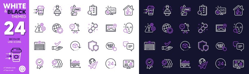 Web call, Warning and Employees teamwork line icons for website, printing. Collection of Quick tips, Globe, Fake internet icons. Chemical formula, Dermatologically tested. Bicolor outline icon. Vector