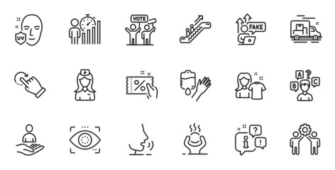 Outline set of Discount coupon, Difficult stress and Hospital nurse line icons for web application. Talk, information, delivery truck outline icon. Vector