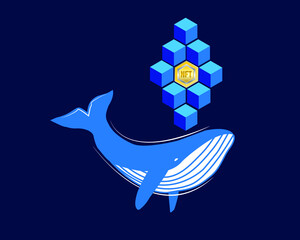 A vector of humpback whale with blockchain and NFT token. Follow the whale in non fungible token trading.