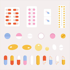Set of medicines. Tablets, pills, blisters, packages. Vector flat illustration