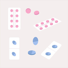 Set of medicines. Tablets, pills, blisters, packages. Vector flat illustration