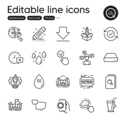 Set of Business outline icons. Contains icons as Rainy weather, Search files and Search flight elements. Time, Smile, Startup web signs. Coffee cup, Conversation messages. Vector