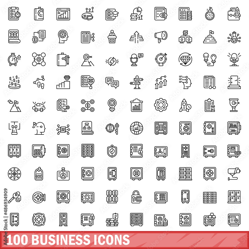 Wall mural 100 business icons set. Outline illustration of 100 business icons vector set isolated on white background - Wall murals