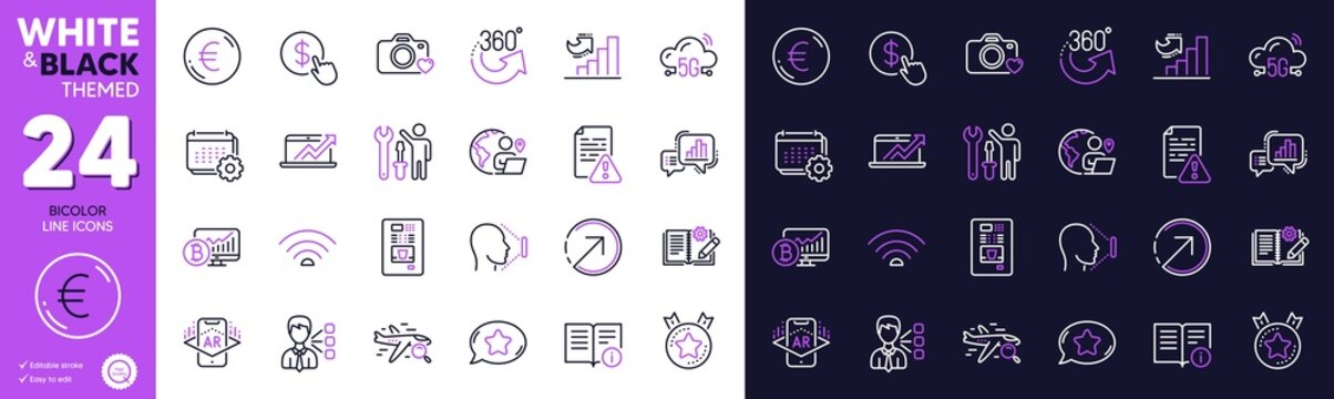 Outsource work, Engineering documentation and Buy currency line icons for website, printing. Collection of 5g cloud, Favorite chat, Technical info icons. Augmented reality, Euro money. Vector