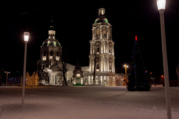 Fototapeta na wymiar View of the Trinity Church at night in Zaraysk