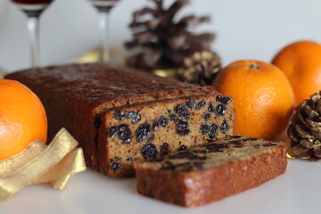 Slices of boiled fruit cake. An easy fruit cake with no alcohol.