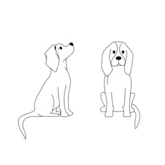 Dogs silhouette . The dog is sitting. Beagle silhouette. Set. Vector flat illustration. Profile and full face. Line art