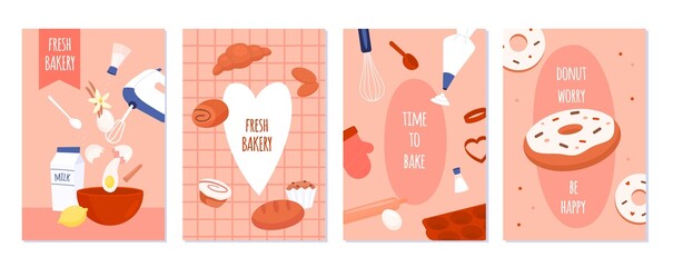 Bakery shop cards. Fresh homemade pastry ingredients banners, cooking tableware and food baking elements, sweet products posters, confectionery advertising. Vector isolated set