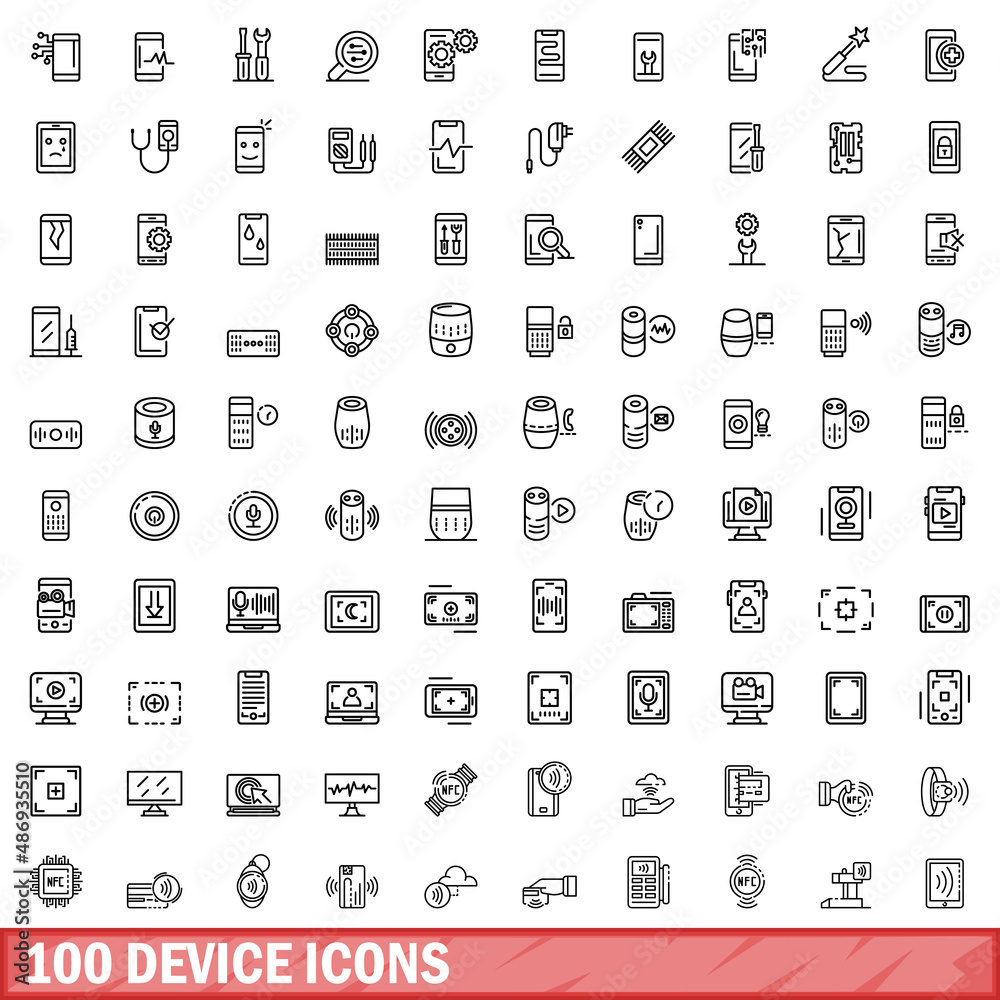 Wall mural 100 device icons set. Outline illustration of 100 device icons vector set isolated on white background - Wall murals