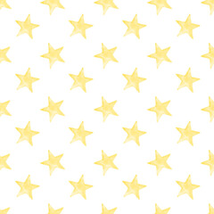 Seamless Pattern with yellow Stars on white background. Hand painted watercolor print for baby textile design or wrapping paper