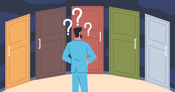 Choosing right door. Life choice concept, puzzled man thinks, big dilemma, cartoon confusing businessman character making right and wrong decision, difficult ways, vector concept