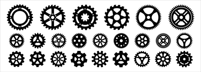 Gear wheel icon set. Cogwheel icons collection. Collection of gearwheel. Symbol of setting, robotic, clockwork, machinery, engineering, engine transmission and mechanism. vector illustration - obrazy, fototapety, plakaty